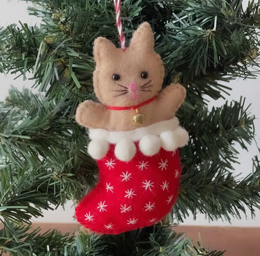 Kitty in Stocking Handmade Felt Ornament