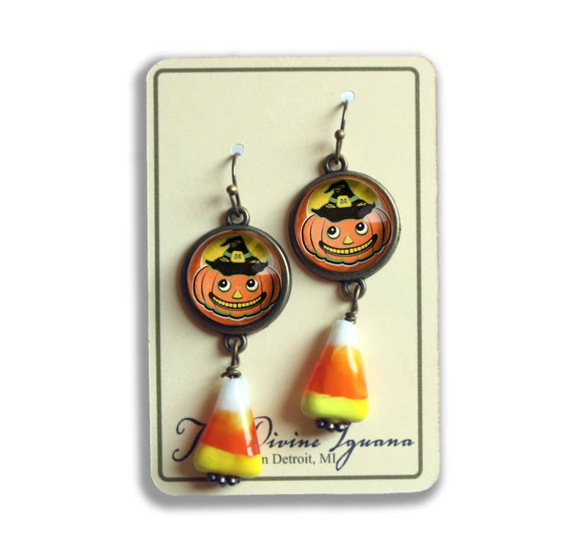Retro Jack O Lantern in Hat Halloween Candy Corn Earrings