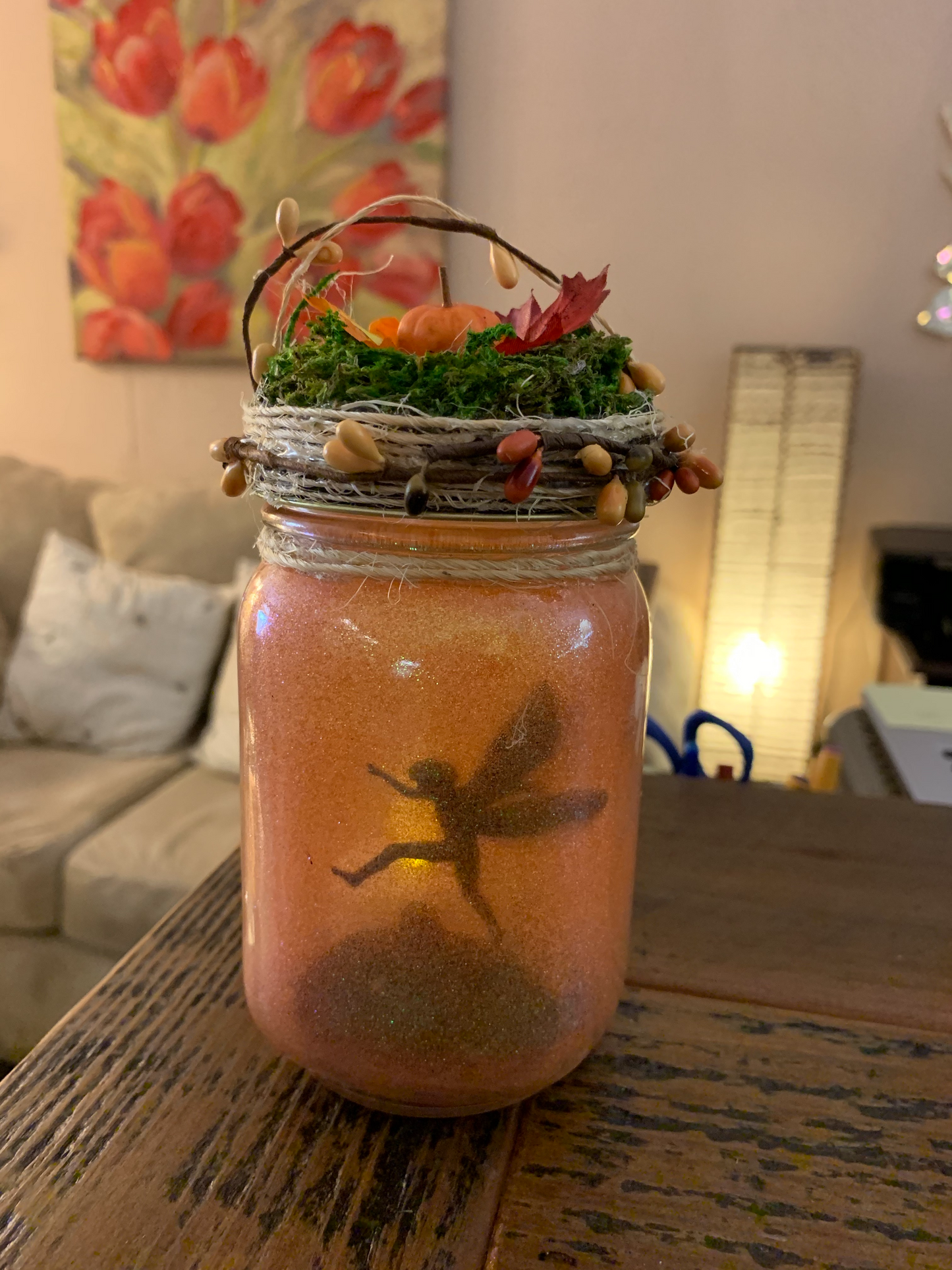 Lighted Fairy Jar, Fairy jumping over pumpkin