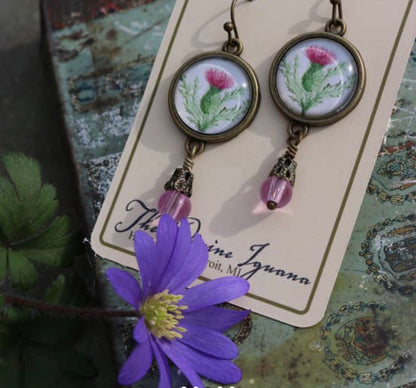 Scottish Thistle Glass Cabochon Earrings