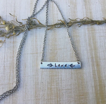 Love Stamped Bar Necklace with Leaves