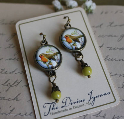 Spring Robin Bird Vintage Inspired Glass Cabochon Earrings