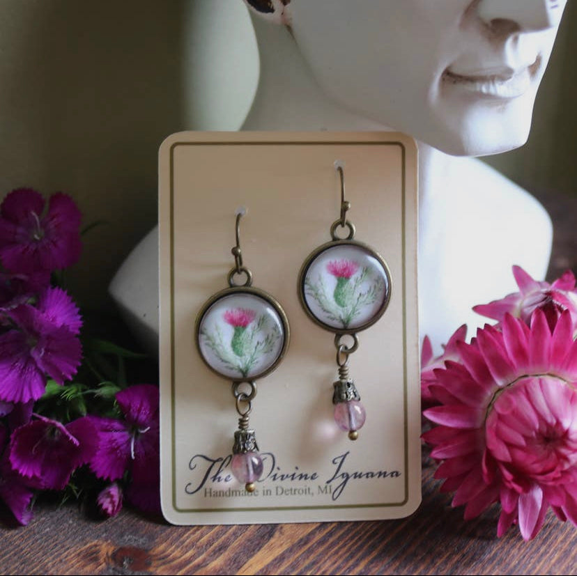 Scottish Thistle Glass Cabochon Earrings