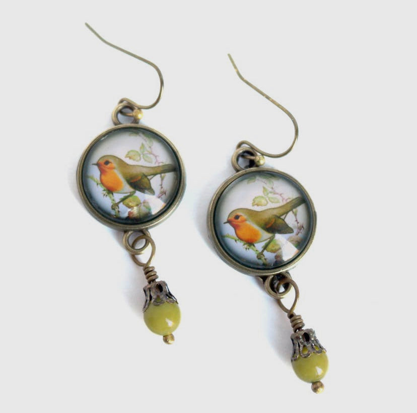 Spring Robin Bird Vintage Inspired Glass Cabochon Earrings