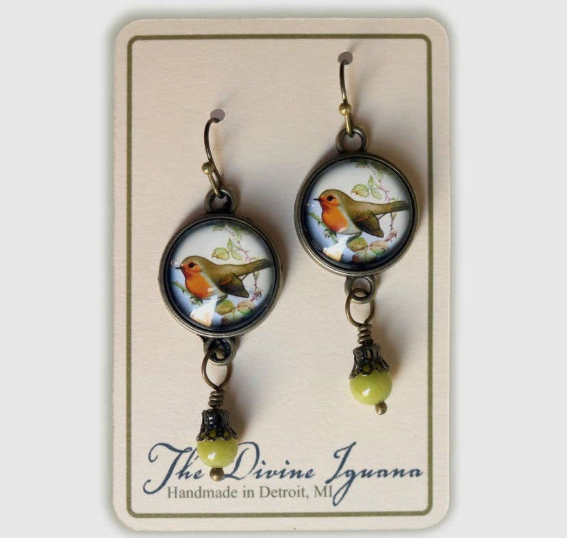 Spring Robin Bird Vintage Inspired Glass Cabochon Earrings