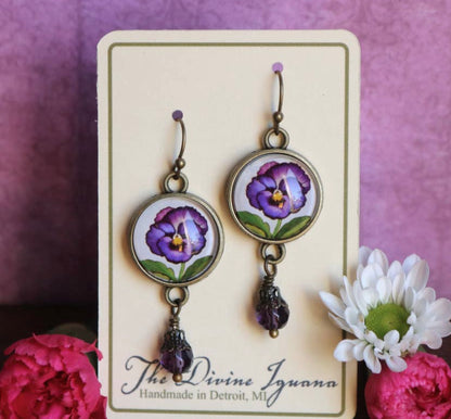 Purple Pansy Flower Glass Cabochon Earrings w/ Pearl Bead