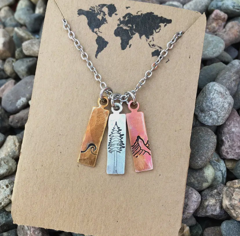 Nature Mixed Metal Charm Necklace, Waves, Mountains, Tree