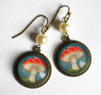 Moonlit Mushrooms Glass Cabochon Earrings W/Pearl Bead