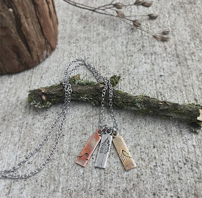 Nature Mixed Metal Charm Necklace, Waves, Mountains, Tree