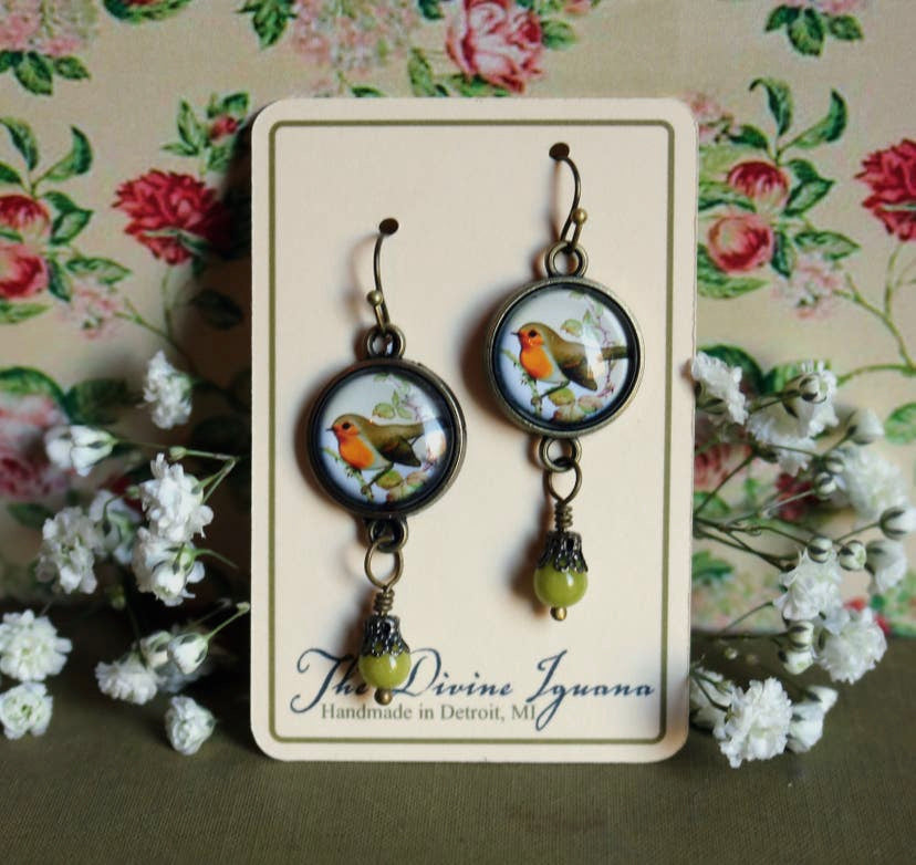 Spring Robin Bird Vintage Inspired Glass Cabochon Earrings