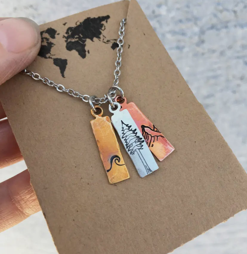 Nature Mixed Metal Charm Necklace, Waves, Mountains, Tree