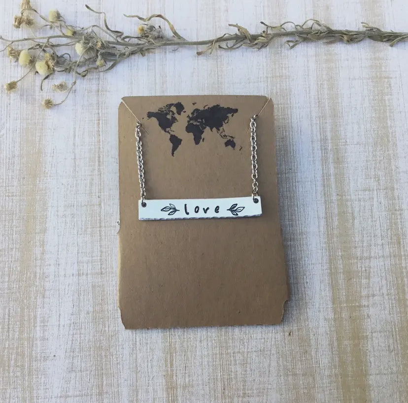 Love Stamped Bar Necklace with Leaves