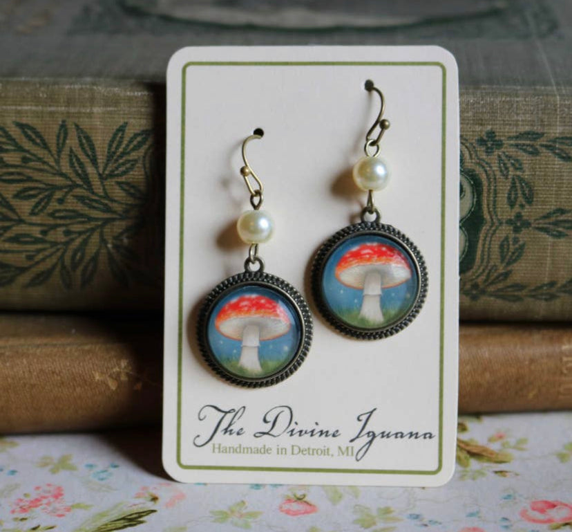 Moonlit Mushrooms Glass Cabochon Earrings W/Pearl Bead