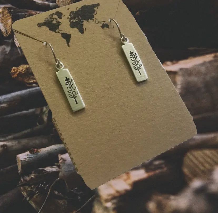 Winter Tree Small Rectangular Earrings in Silver Color