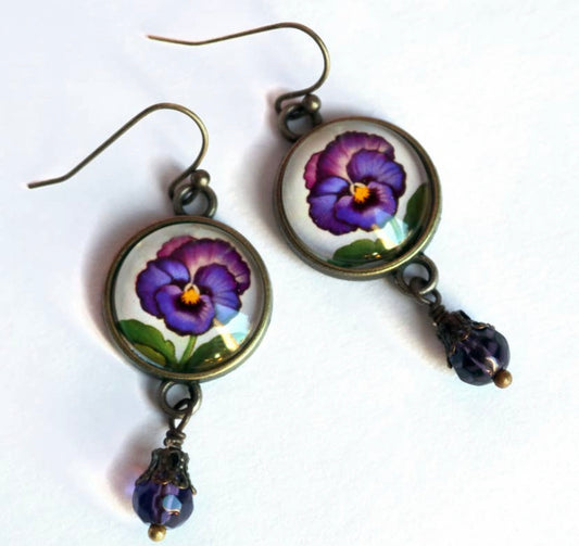 Purple Pansy Flower Glass Cabochon Earrings w/ Pearl Bead