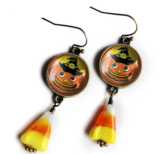 Retro Jack O Lantern in Hat Halloween Candy Corn Earrings