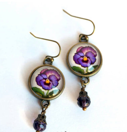 Purple Pansy Flower Glass Cabochon Earrings w/ Pearl Bead