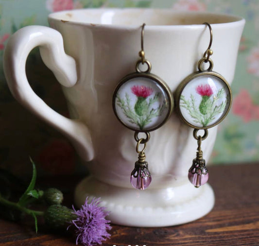 Scottish Thistle Glass Cabochon Earrings