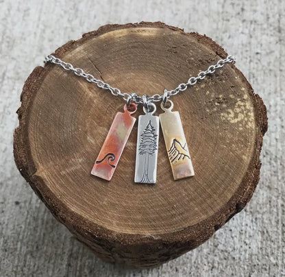 Nature Mixed Metal Charm Necklace, Waves, Mountains, Tree