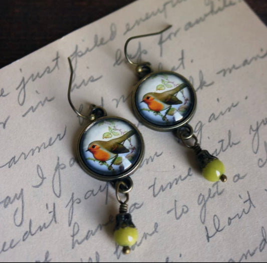 Spring Robin Bird Vintage Inspired Glass Cabochon Earrings