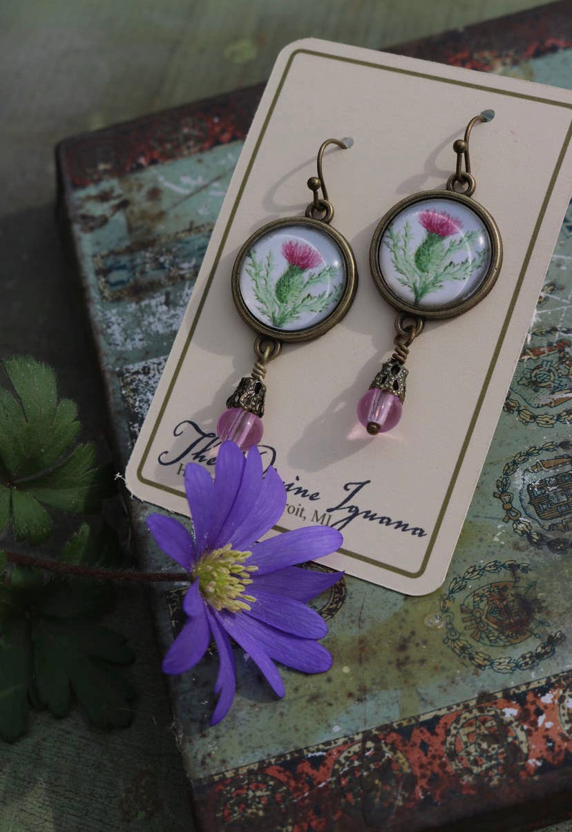 Scottish Thistle Glass Cabochon Earrings