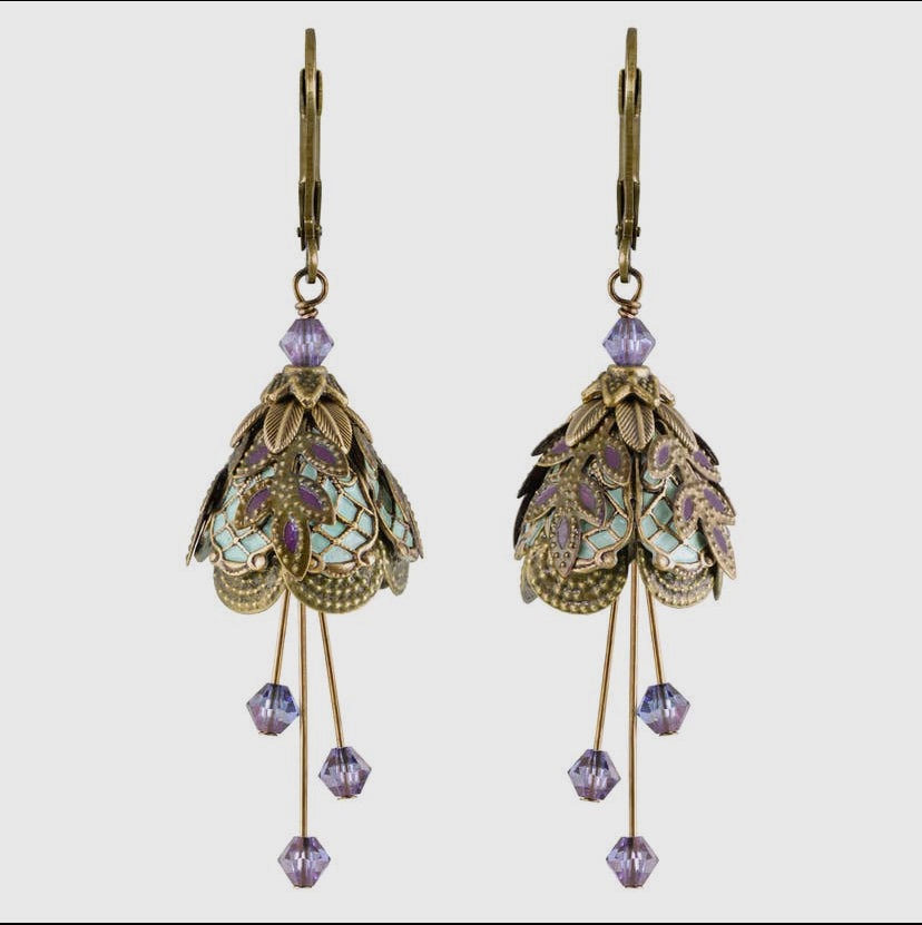 Flower Fairy: Italian Courtesan Earrings Gold/Mint/Purple