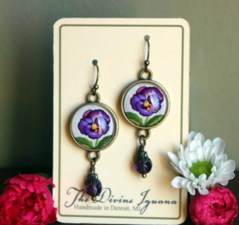 Purple Pansy Flower Glass Cabochon Earrings w/ Pearl Bead