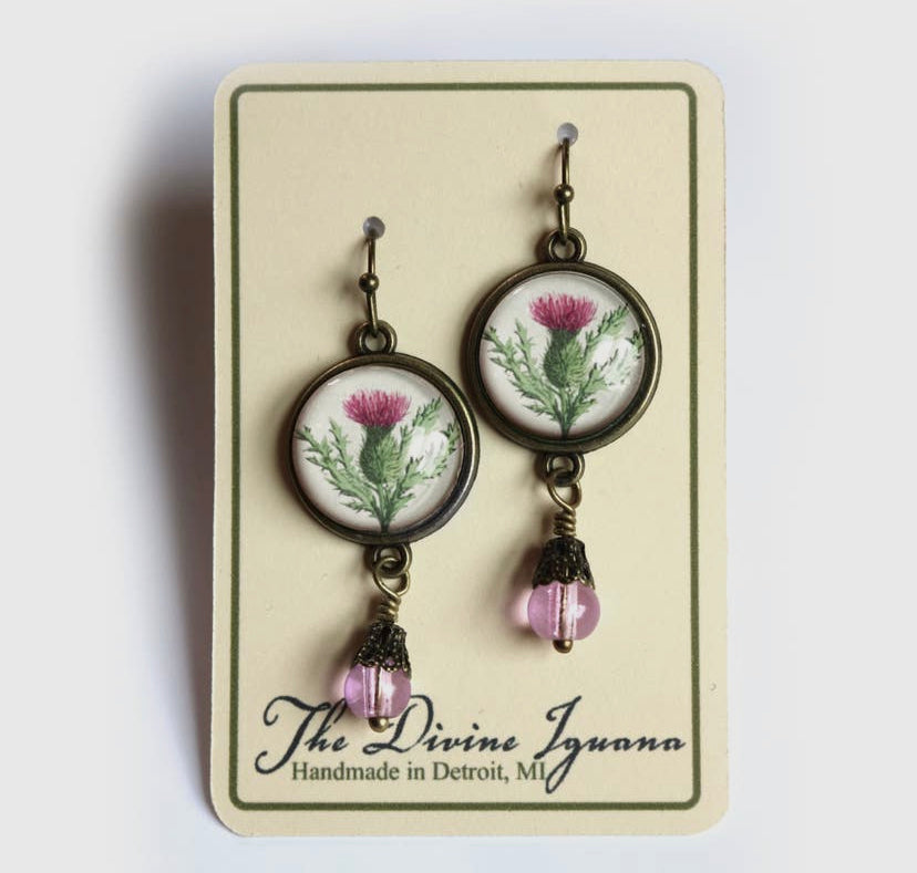 Scottish Thistle Glass Cabochon Earrings