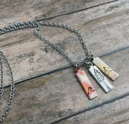 Nature Mixed Metal Charm Necklace, Waves, Mountains, Tree