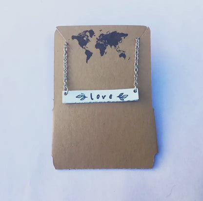 Love Stamped Bar Necklace with Leaves