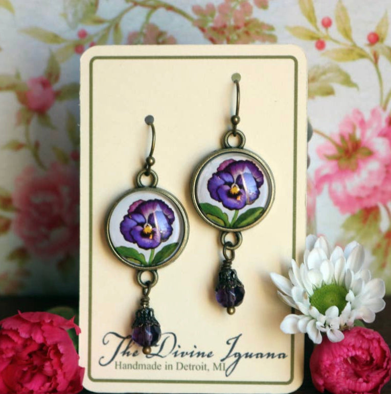 Purple Pansy Flower Glass Cabochon Earrings w/ Pearl Bead