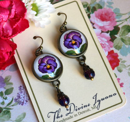 Purple Pansy Flower Glass Cabochon Earrings w/ Pearl Bead