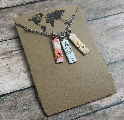 Nature Mixed Metal Charm Necklace, Waves, Mountains, Tree
