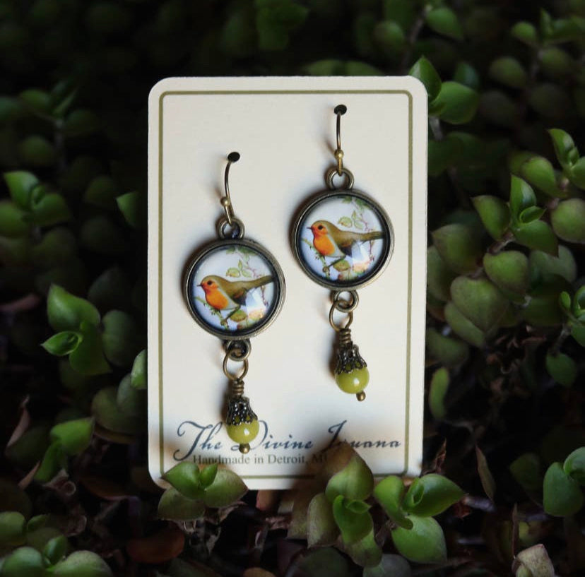 Spring Robin Bird Vintage Inspired Glass Cabochon Earrings