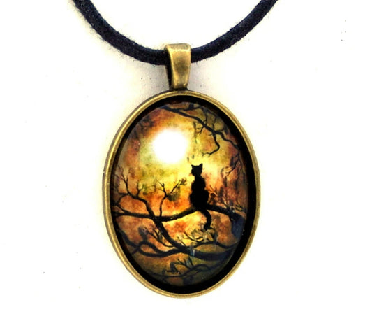 Black Cat and Full Moon with (Silver chain not black cord)