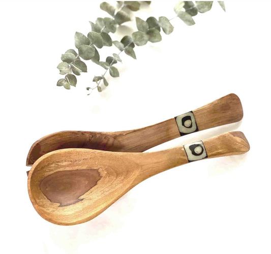 OLIVE WOOD SERVING SET, SMALL WITH BATIK INLAY