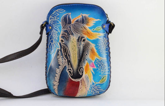 Leather Blue Horse Purse Handbag